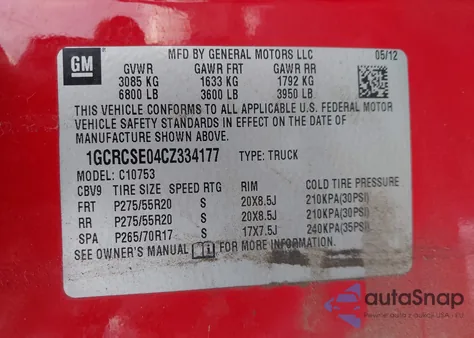 2012 Chevrolet Silverado 1500 Lt z USA, uszkodzony, nr VIN 1GCRCSE04CZ334177